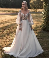 long sleeve a line wedding dress 2022 with chapel train backless women bridal gowns lace appliques graceful white