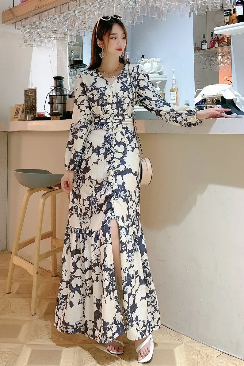 

2021 New Summer Fashion versatile V-Neck long sleeve Dress elastic waist high waist print single breasted Dress