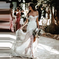 boho mermaid lace wedding dresses detachable sleeves ivory off shoulder trumpet bohemian bridal gowns long beach bride dresses