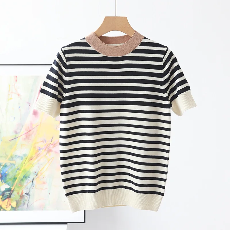 

2155 Women Knitted T-Shirt Spring Summer Classical Fashion Simple Cotton Patchwork Gradient Stripe Contrast Color O-Neck Tees