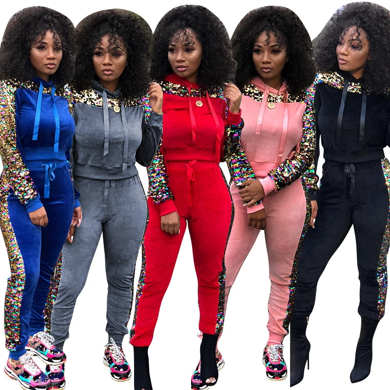 

Two Piece Set Plus Size Women Hoodie Long Sleeve Tops and Pants Club Outfit Sequin Matching Set Tracksuit Wholesale Dropshipping