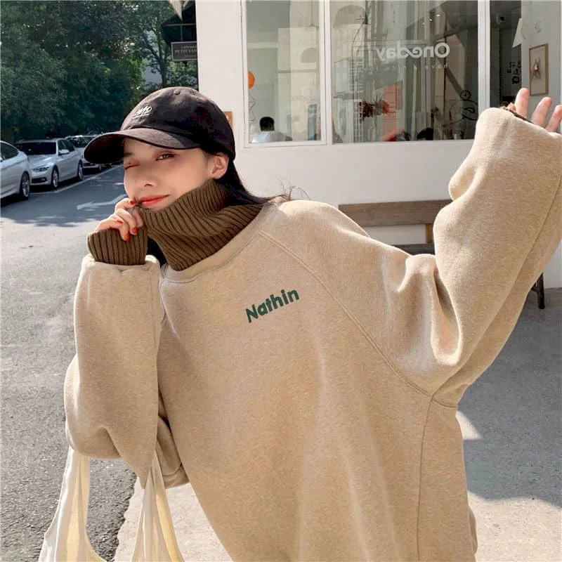 

Sweatshirt women pullover ins autumn winter 2020 plus velvet thickening loose Korean student fake two-piece high neck jacket
