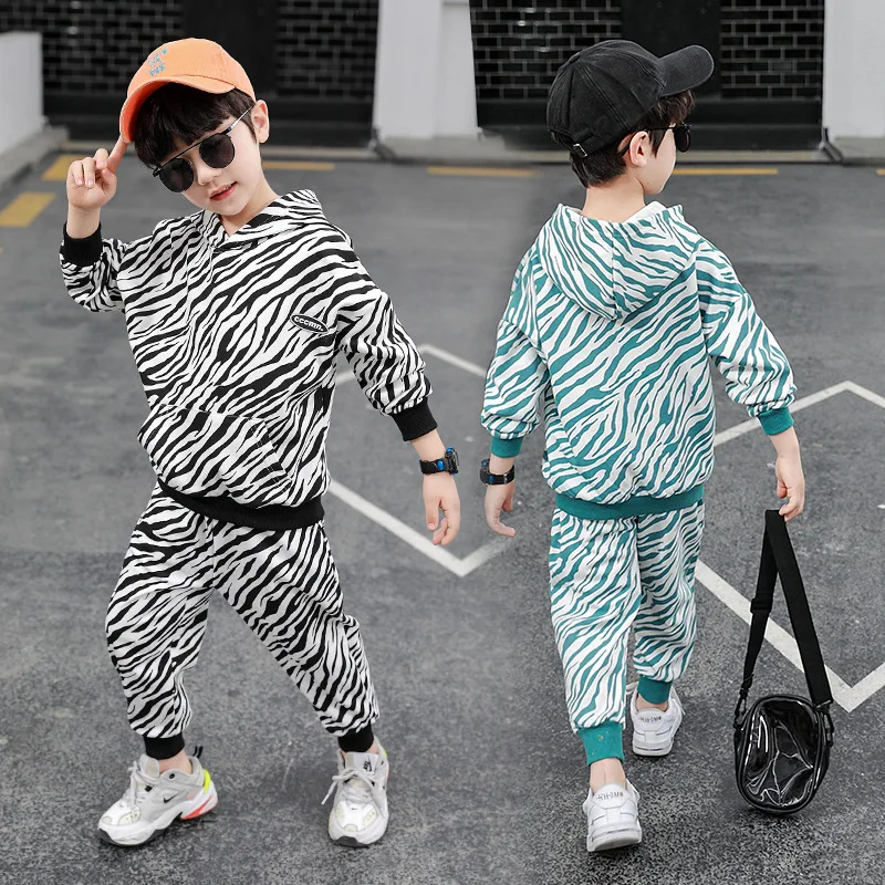 

Boy's Long Sleeve Loose Fit Korean Style Zebra Stripes 2PCS Clothing Sets New Design Spring Autumn Highlight Streetwear Set