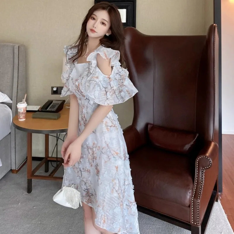 

Summer New Women Elegant Short Sleeve Floral Embroidery Irregular Midi Dress Ladies Square Collar High Waist Slim Vintage Dress