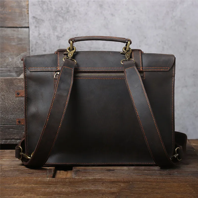 PNDME business vintage genuine leather men's multifunctional briefcase handbag natural crazy horse cowhide laptop messenger bag