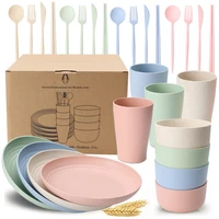 28pcs set tableware wheat straw nature material household tray anti drop bowls cups plate forks spoons chopsticks kit