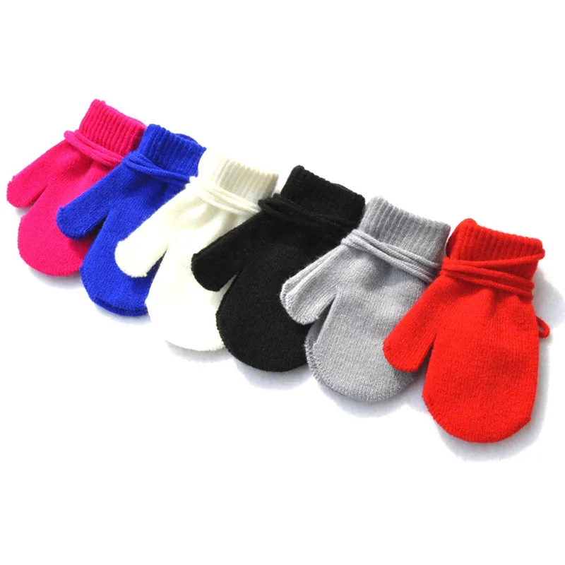 Зимние перчатки с пальцами для мальчиков и девочек теплые одноцветные вязаные