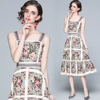high quality new 2021 designer summer runway women spaghetti strap square collar backless floral print holiday midi dress