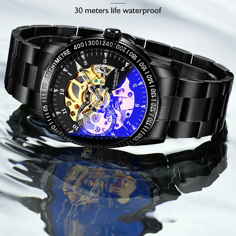 

LOUIEJUELE Luxury Men's Skeleton Automatic Watches Black Stainless Steel Men Mechanical Sport Watch Male Clock relogio masculino