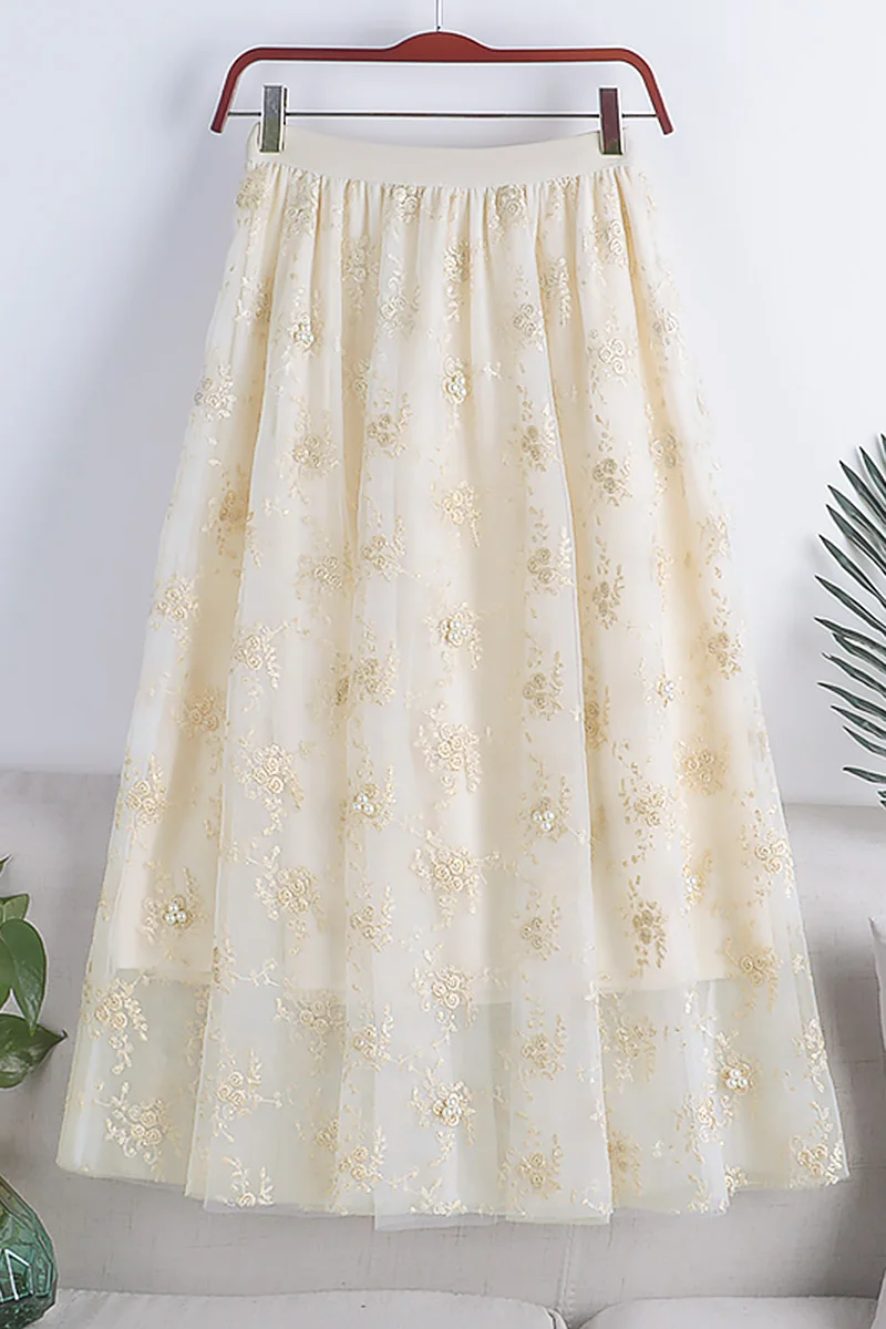 

Mid-Length Embroidered A-Line Skirt Spring New High-Waisted Thin Solid Color Crocheted Beaded Mesh Skirt Female 645