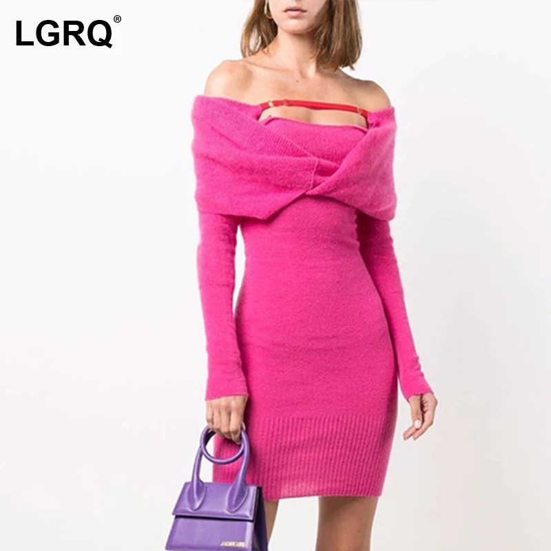 

[LGRQ] Knitting Sheath Elegant Sexy Women's Dress New Slash Neck Long Sleeve Fit Fashion Tide Spring Autumn 2021 19D4501