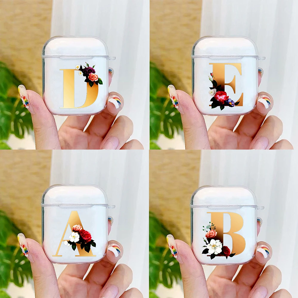 

2021 Cute Floral Gold Initial Alphabet Letter Soft Case for AirPods 2 1 airpod Silicone Wireless Bluetooth Earphone Box Cover