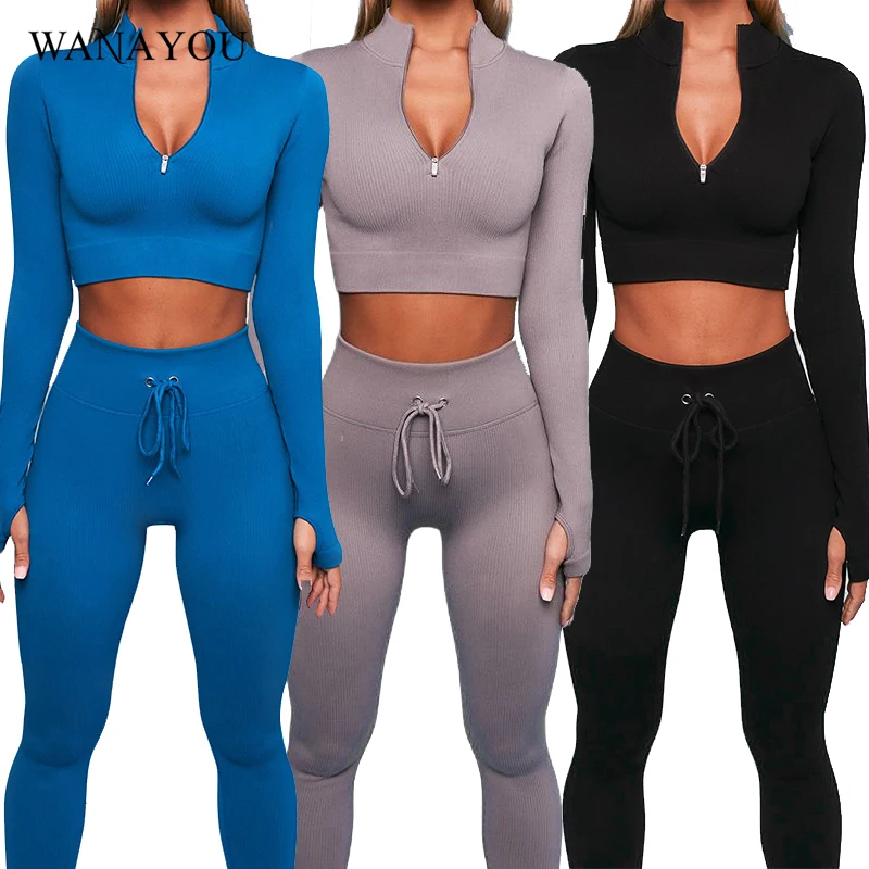 

WANAYOU Yoga Set Women Sexy Seamless Workout Set Zipper Long Sleeve Yoga Shirt Drawstring High Waist Leggings Gym Clothing