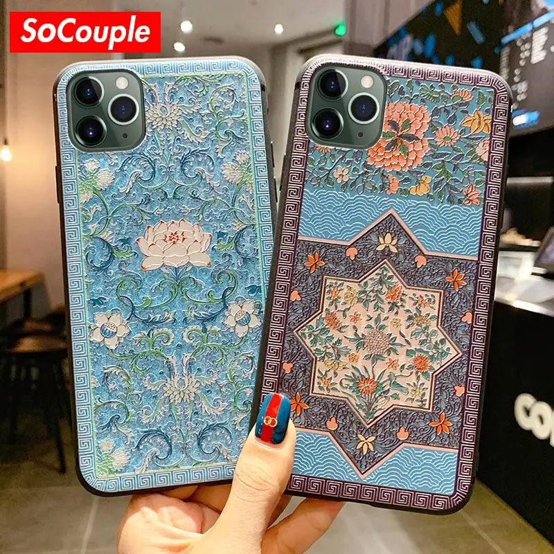 Рельефный цветочный чехол SoCouple для iPhone 7 8 plus Max ретро телефона с цветочным
