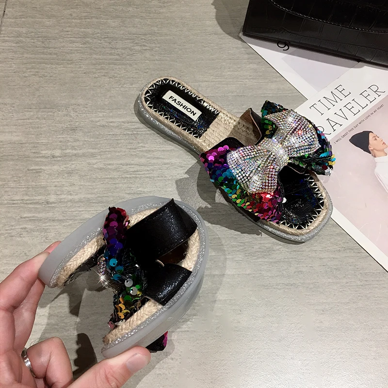 С украшением в виде кристаллов бабочки с блестками бантом шлепанцы без задника