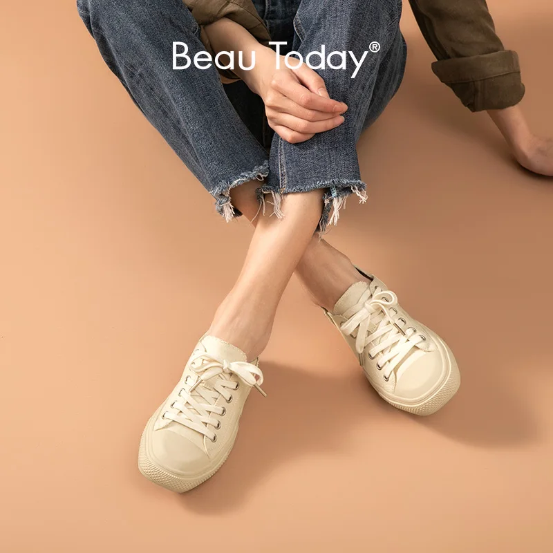 Женские парусиновые кроссовки BeauToday на шнуровке с круглым носком