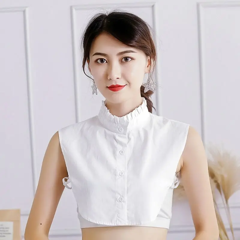 

Womens Wrinkled Ruffles Fake Stand Collar Basic Layering Pure White Sweater Accessory Autumn Detachable Half-Shirt M01 21
