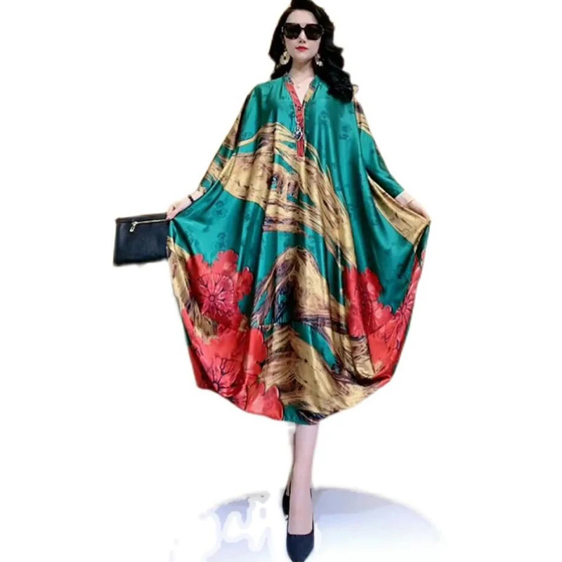 

Женское шелковое платье большого размера с V-образным вырезом и принтом, свободная одежда с рукавом 3/4, большие свободные платья 4XL FC1259 на лет...