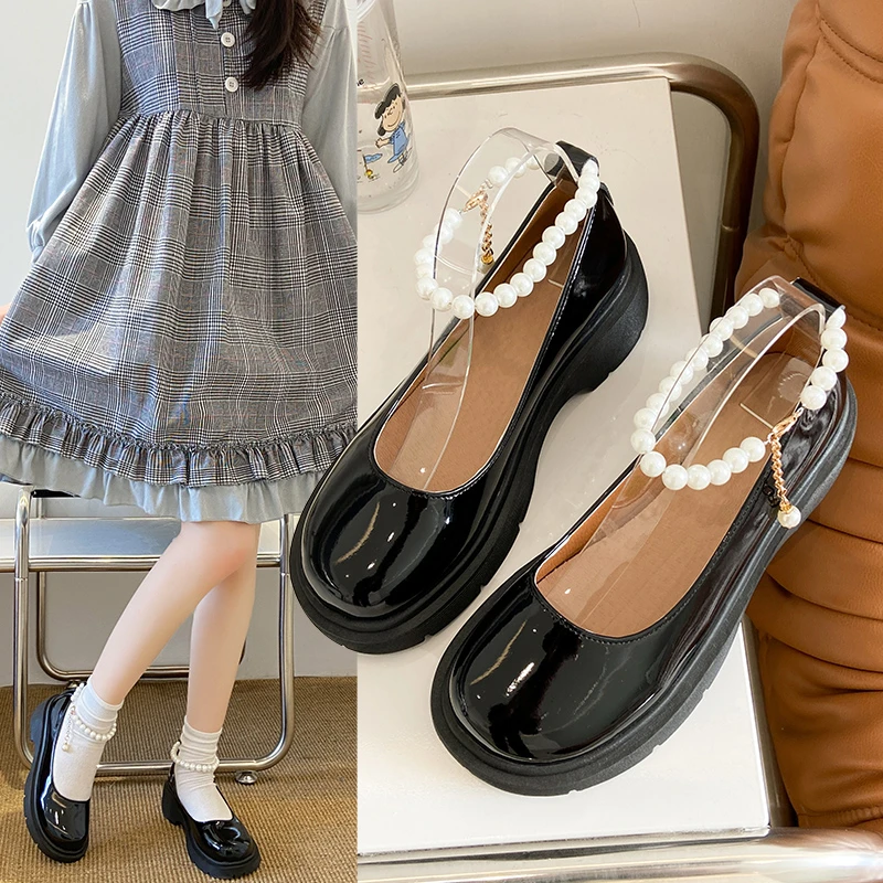 

Туфли Lolita женские из искусственной кожи на толстой подошве, Симпатичные Школьные униформы для девочек, удобные резиновые, с бусинами, Мэри Д...