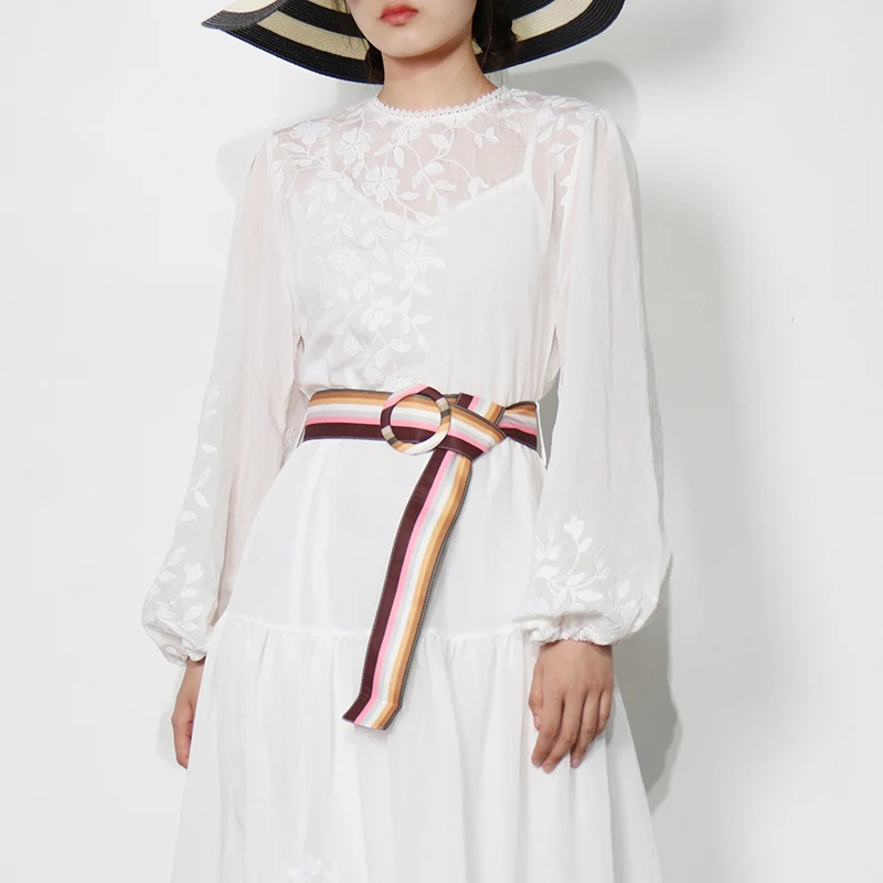 

XIZIHUPAN Elegant White Midi Dress For Women O Neck Long Sleeve High Waist Sashes Hit Color Dresses Female Fashion New Clothes