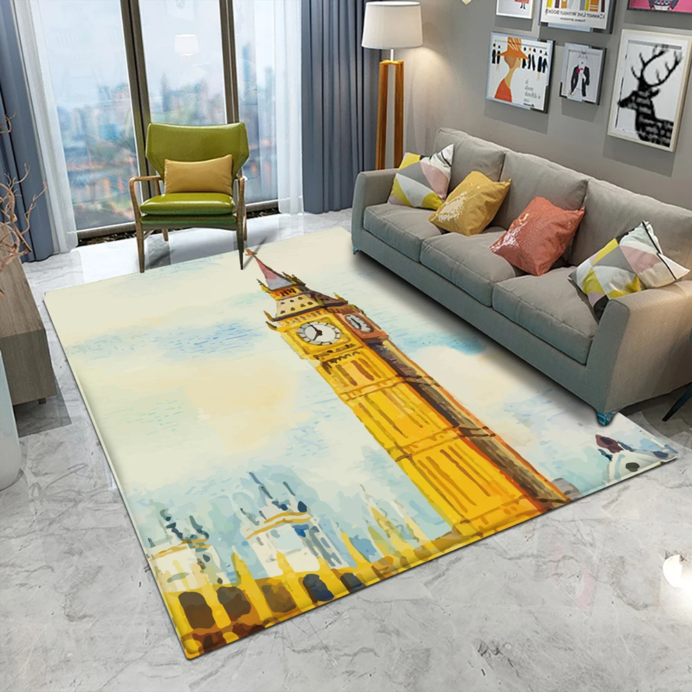 

2020 Fashion European Style Big Ben Carpets Flannel Anti-slip Bedroom Mat Area Rug 3D Carpet Living Decor Landscape Printed Room