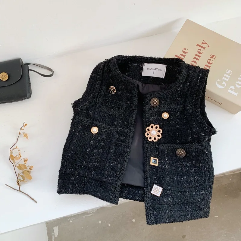 WLG/модный жилет для девочек детский осенний Черный Алмазный с цветочным рисунком