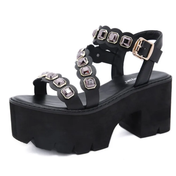 

Thick Soled Heeled Sandals 2021 Summer Open Toe Rivet Water Drill String Anti Slip Comfortable High Shoes for Women