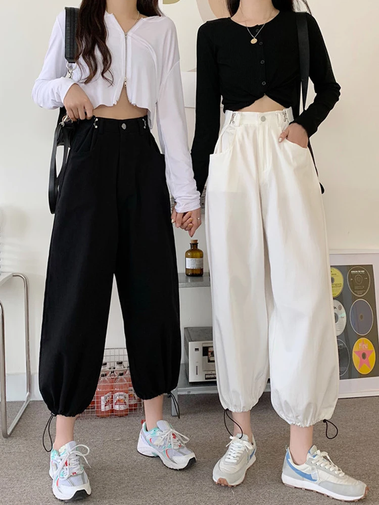 

2021 New Pants Spring High Waist Slimming Black Hip Hop Ankle-Tied Casual Pants Women's Loose Straight Overalls Harem Pants