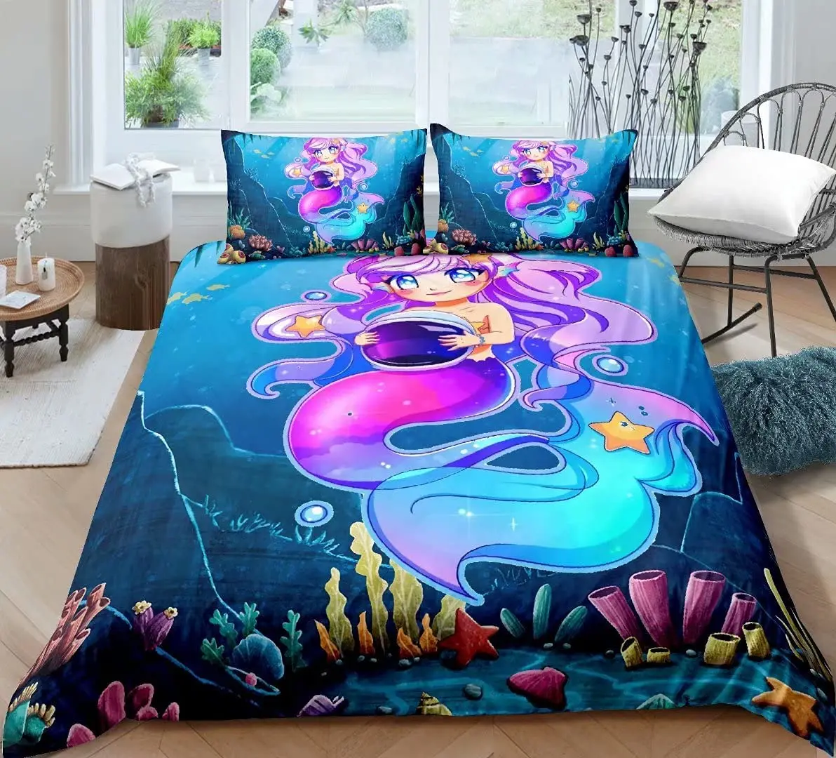 

Mermaid Cartoon Girls Duvet Cover Set- 2 Pieces 3D Printed Bedding Sets Twin Size for Teens Kids, Comforter Cover