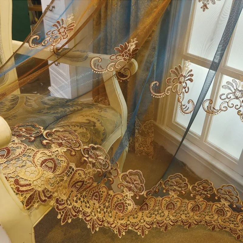 

Custom Golden High-end American Pastoral Curtains for Living Room Bedroom Gold Leather Water-soluble Embroidered Curtains Tulle