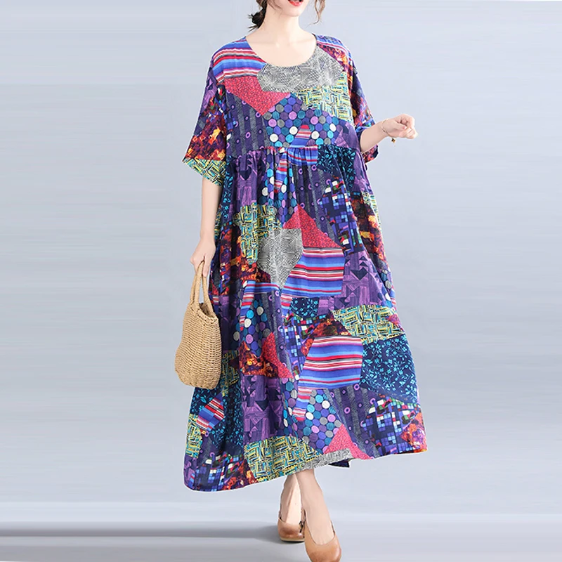 

Oversize Lady Vestidos Big Size Boho Beach Dress 2021 Plus Size Summer Sundress Women Print Cotton Linen Maxi Dress Robe Femme