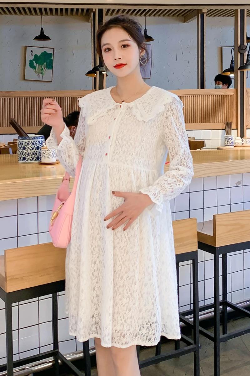 

1019# 2021 Spring Korean Fashion Lace Maternity Party Dress Elegant Long Sleeve Loose Clothes for Pregnant Women Pregnancy Dress