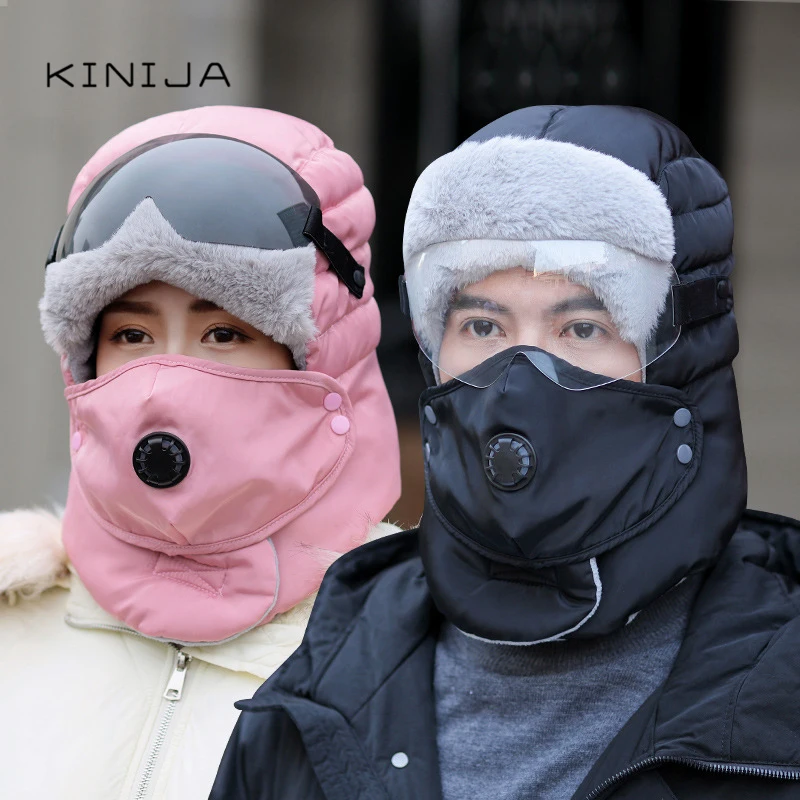 Winter women ski wind protection bomber hat face neck cold Mask Headgear male Outdoor warm ushanka hat with Lens men soviet hat