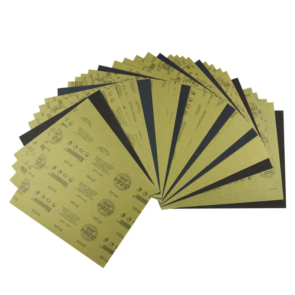 Мокрая и сухая наждачная бумага ассортимент зернистости от 60 до 2500 для автомобильной обработки дерева и отделки мебели. 35 штук в наборе.