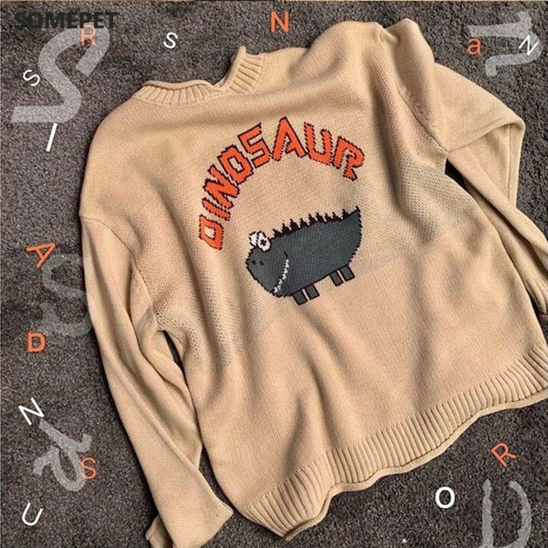 

Funny Letter Dinosaur Sweater Women Harajuku Vintage O-neck Winter Pullover Long Sleeve Loose Knitted Oversize Sweater Warm Tops
