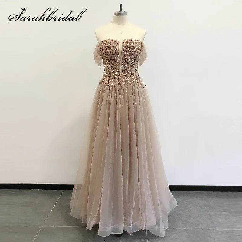 

Sparkle Evening Dresses 2021 In Stock A Line Arabic Dubai Sequins Beading Empire Formal Party Gown Robe De Soiree Vestidos 5756