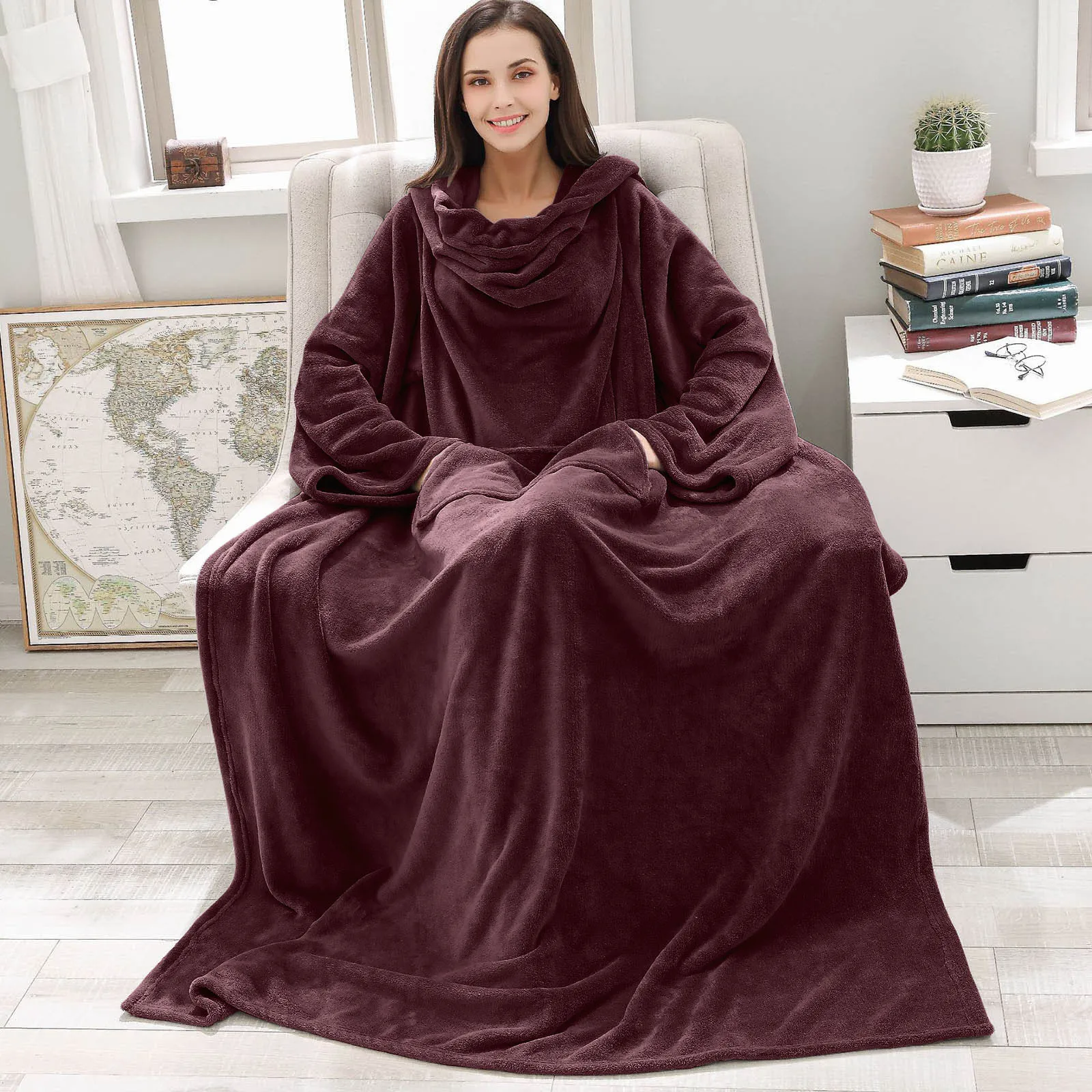 

Winter Pocket Hooded Blankets Adult Warm Hoodie Robe Bathrobe Pullover Tv Sofa Fluffy Fleece Blanket Sweatshirt With Sleeves