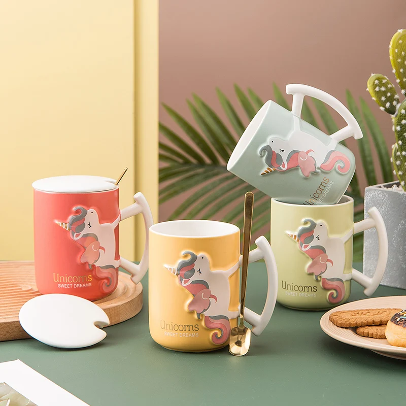

Unicorn Mug Korean Cartoon Character Lovely Ceramic Water Bottle with Cover and Spoon Rocking Horse Modeling Couple Coffee Cup