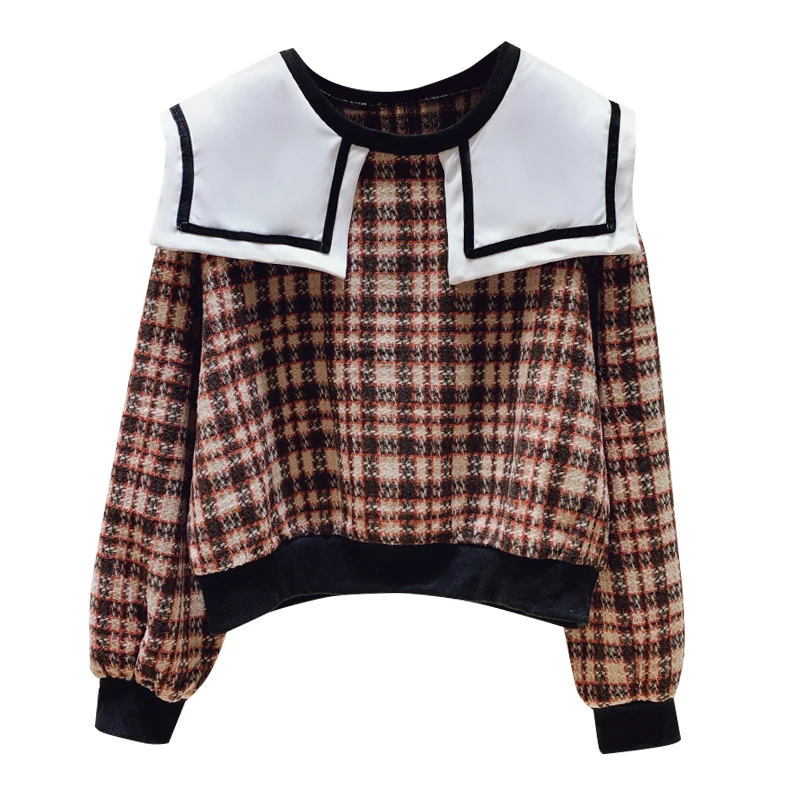 

2021 Autumn Winter Hoodies New Doll Collar Ladies Sweatershirts Women Loose Korean Short Plaid Top UK172