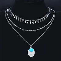 3pcs boho moon green stone stainless%c2%a0steel charm%c2%a0necklaces women silver color layered necklace jewelry collares boho%c2%a0nxs04