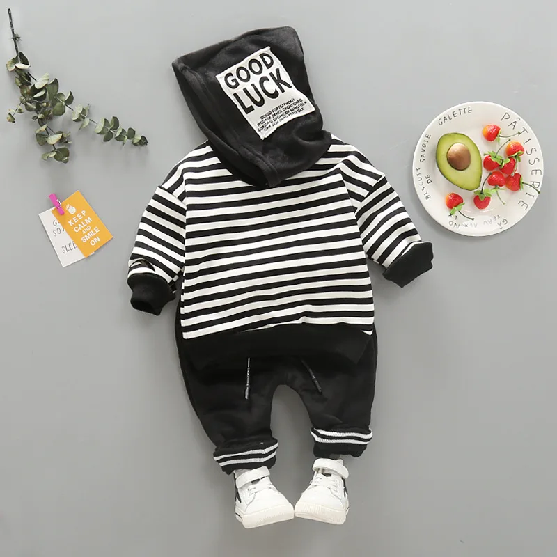 Комплект одежды для мальчиков и девочек черно-белая толстовка в полоску + штаны
