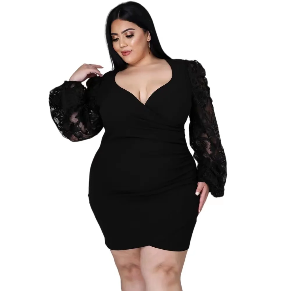 

Sylph Plus Size Female Clothing 2021 Fashion Hot Sale V-necck Sexy Bodycan Dress Embroider Long Sleeve Solid Mini Party Dresses