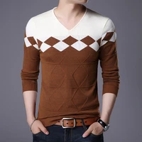 high quality fashion brand knit pullover slim fit argyle mens v neck sweater autum korean woolen casual jumper clothes men