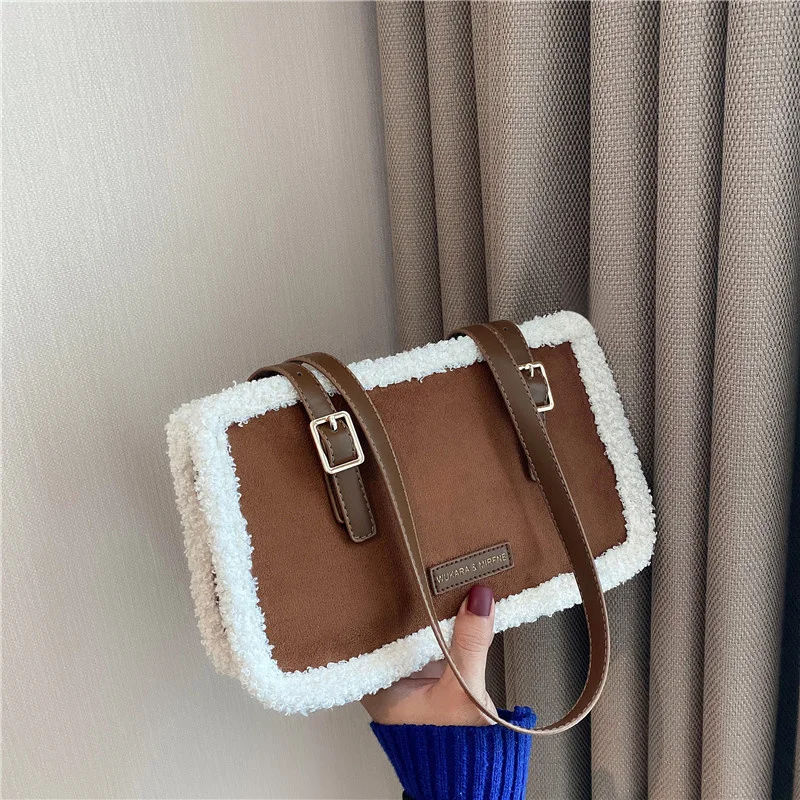

Winter Bag 2021 New T Fashion Portable Women's Shoulder Bags One Shoulder Armpit Plush Small Square Bag Female Winter Handbags