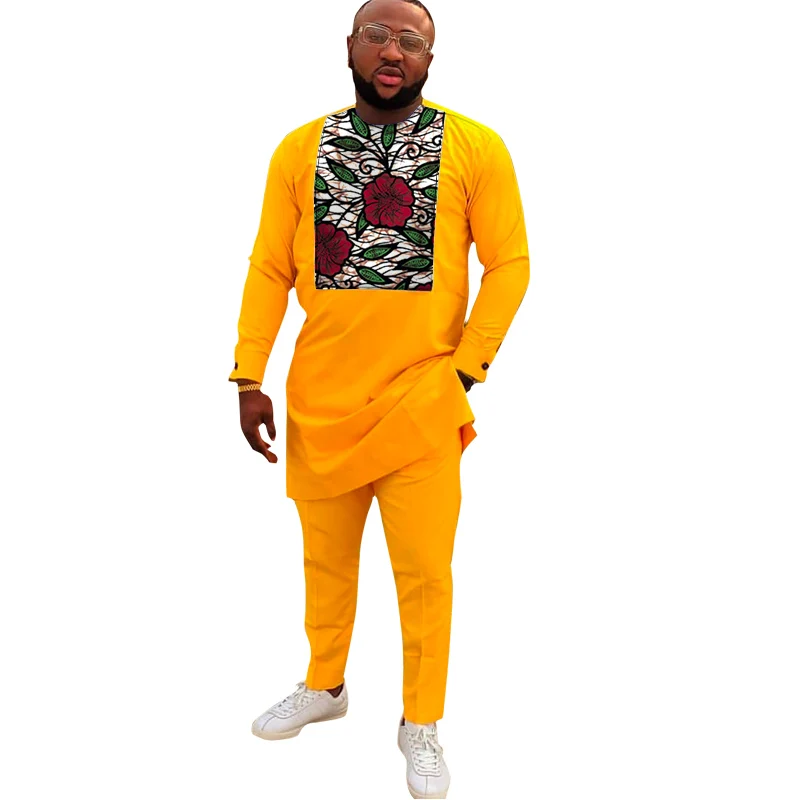 Мужской комплект одежды желтый хлопковый лоскутный топ с Африканским принтом +
