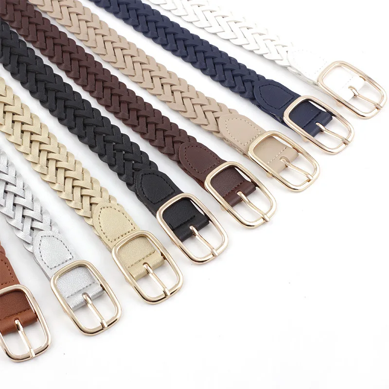 

Women's PU Leather Braided Belt New Fashion Causal Jeans Dress Waistband 2.3cm Thin Belt Golden Square Pin Buckle 110cm Lenth