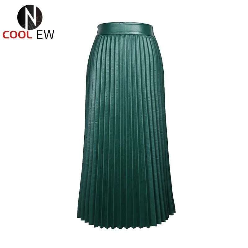 

2021 Autumn Winter Genuine Leather Skirts Women Black Sexy Slim OL Office Lady Real Sheepskin Female Casual Long Pleated Skirt
