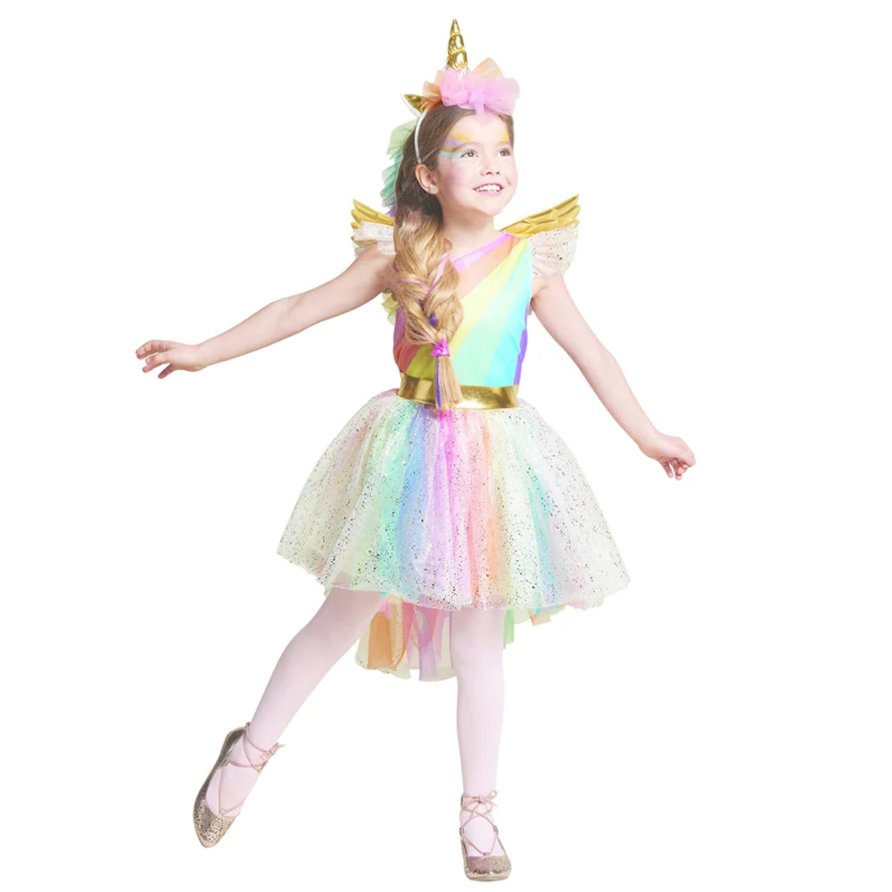 

New Girl's dress Rainbow Unicorn Party With Headband Halloween Christmas Cosplay Costume Kids 2019 Summer Dress Party Dress