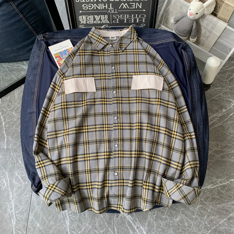 

Spring new men's shirt fashion Korean style stand collar long sleeve plaid shirt