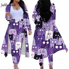 Jackherelook фиолетового цвета; Милое, с рисунком в виде котиков, с животным узором для женщин кардиган длинный плащ топы джинсовые штаны, комплект из 2 предметов, одежда размера плюс